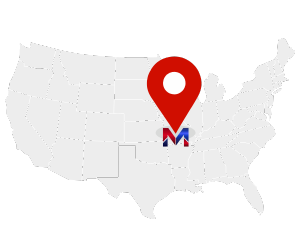 Map of the U.S. with a red location pin and M marker near the center, around Missouri.